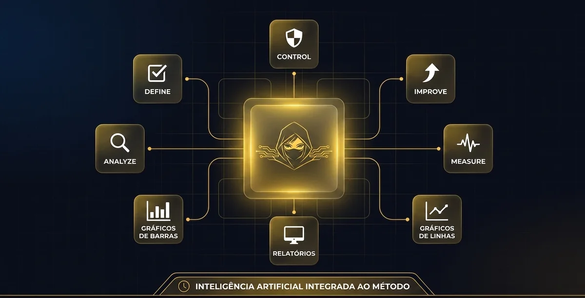 Diagrama dos Agentes ELCI: Define, Measure, Analyze, Improve, Control, Relatórios, Gráficos de Barras e Gráficos de Linhas, inteligência artificial integrada ao método